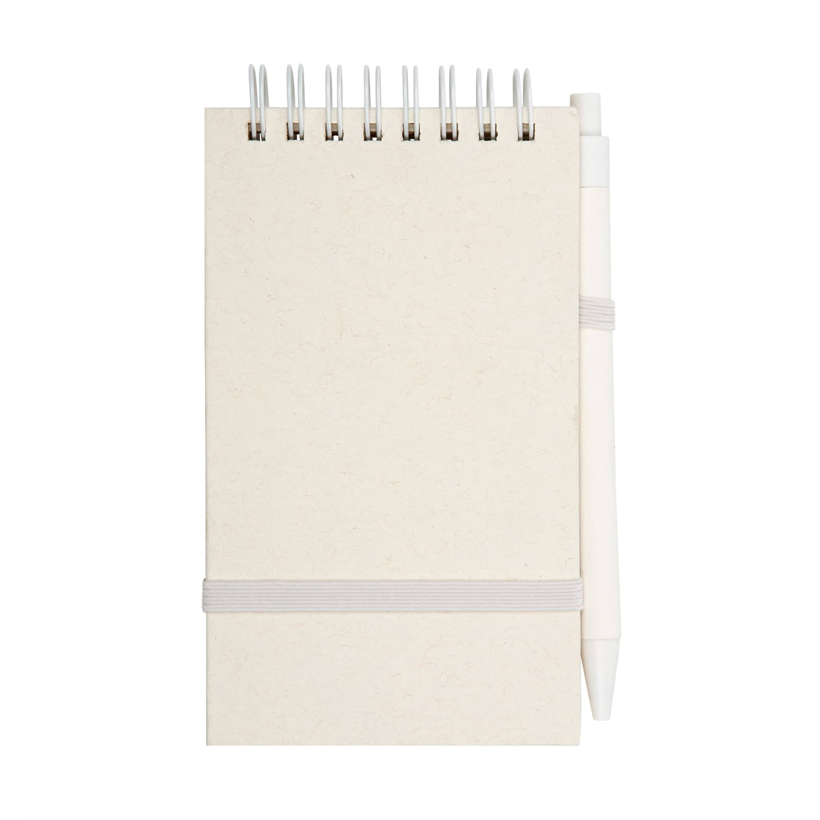 A notepad with a white pen attached, featuring a spiral binding and an elastic band for closure.