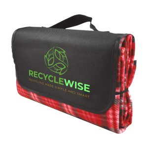 A black and grey checkered picnic blanket, folded with handles and a logo, in a compact form.