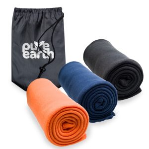 Three rolled-up polar blankets in orange, navy, and black, with a grey storage bag featuring a logo.