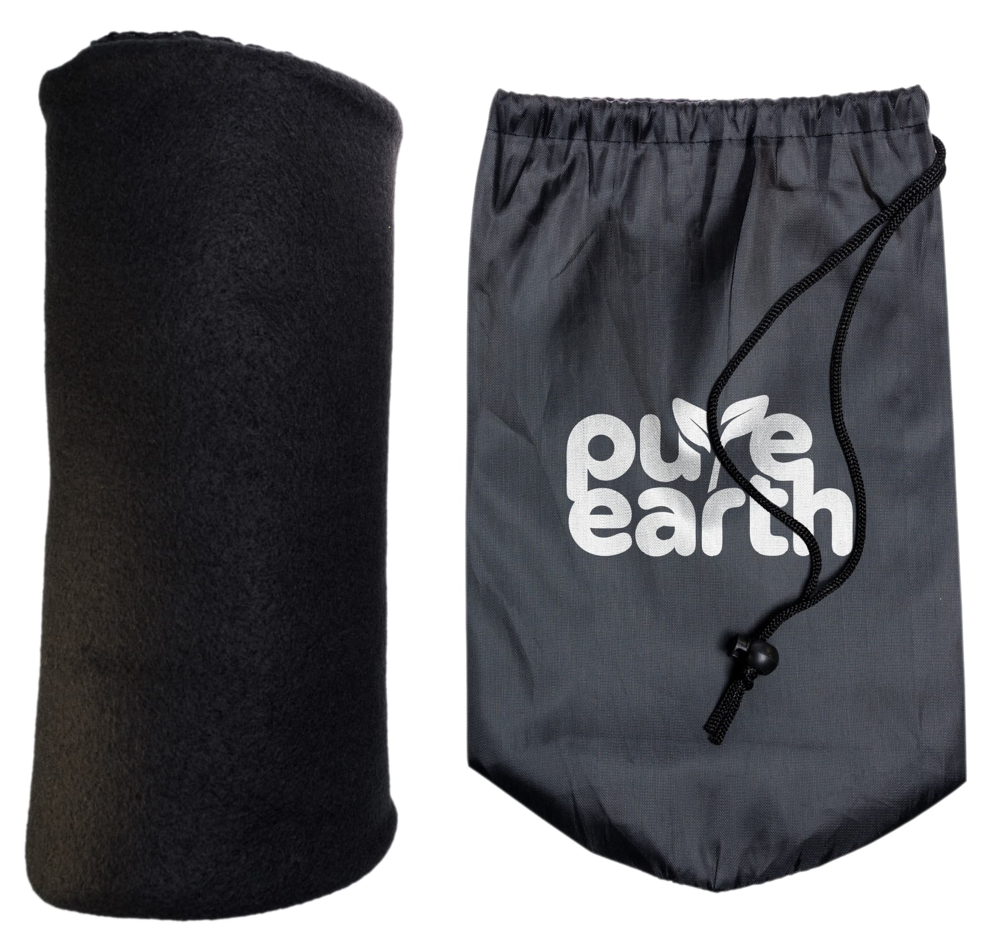 A soft black Polar Blanket rolled up beside a drawstring bag featuring the 