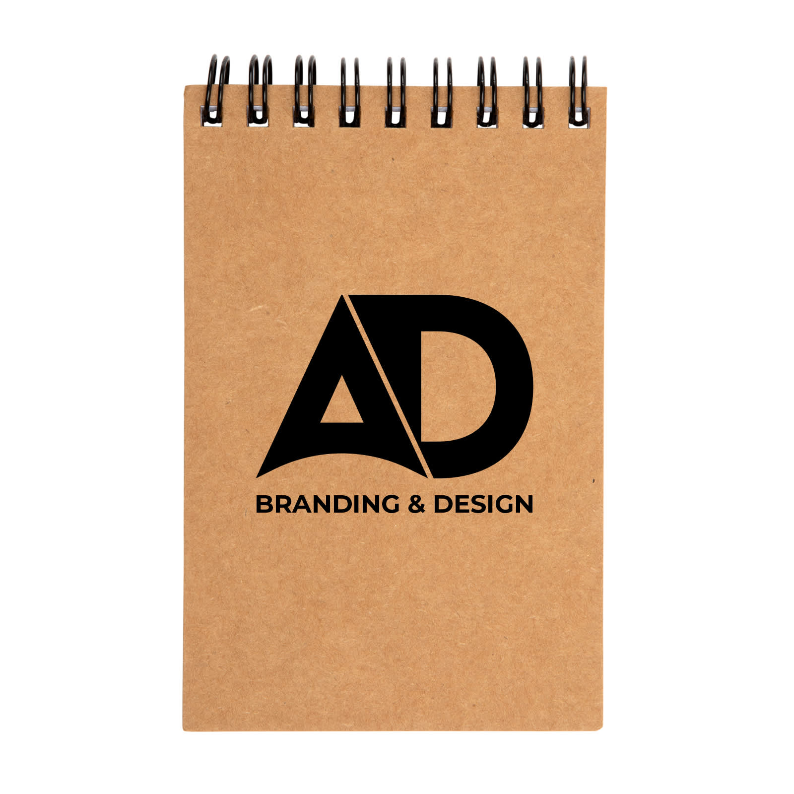 A spiral-bound pocket notebook with a kraft cover featuring the logo 