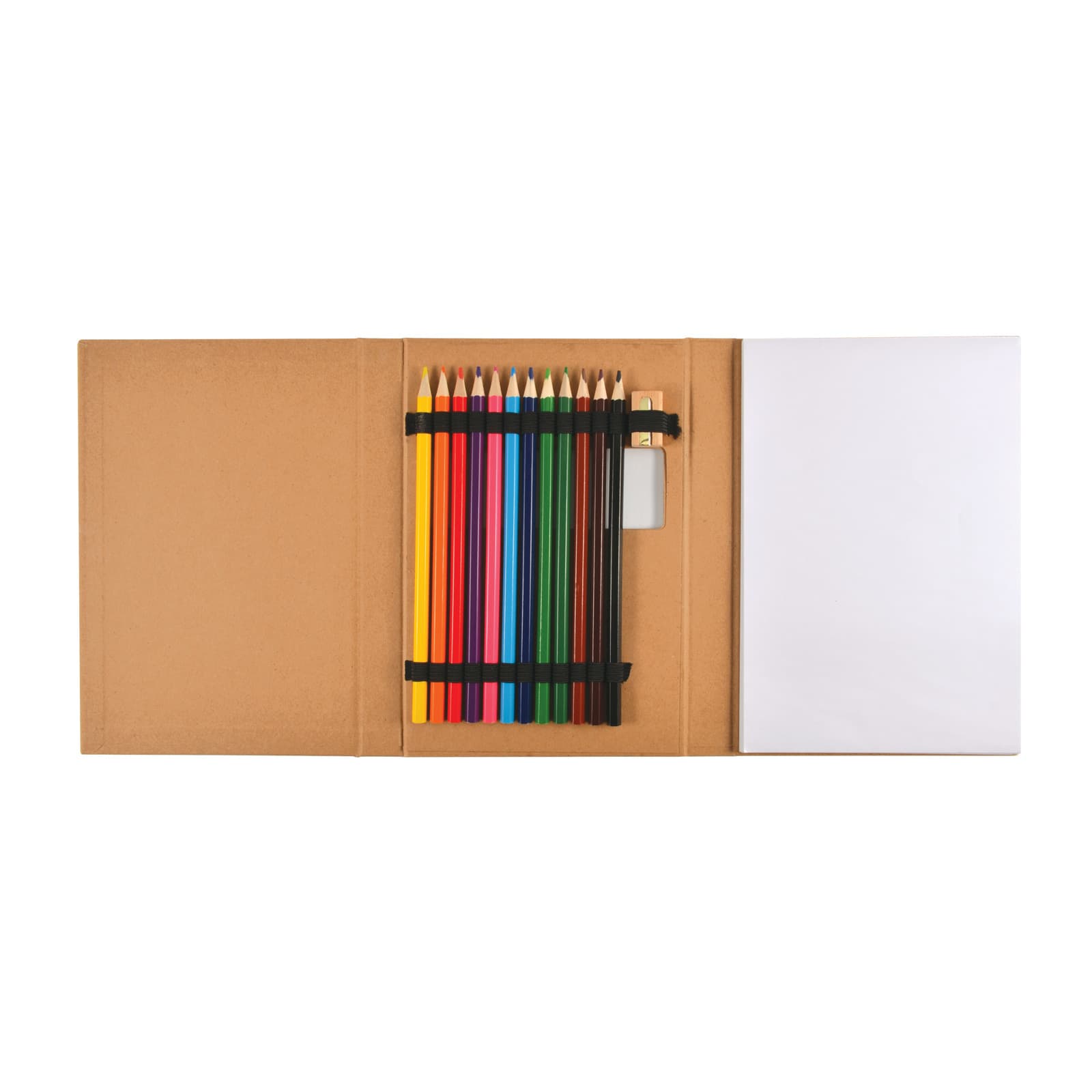 A pencil drawing set featuring twelve colored pencils in vibrant hues, a sharpener, and a blank sketchpad in a brown case.
