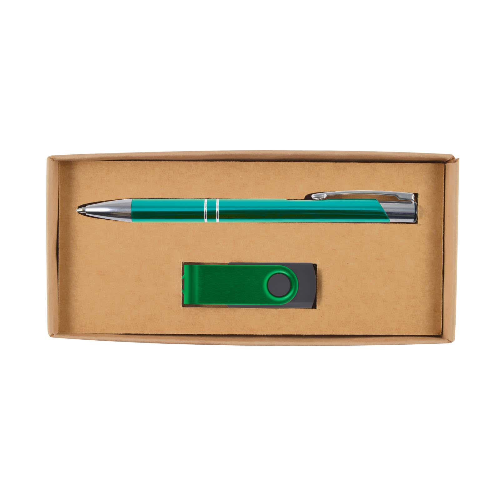 A green pen and a green USB drive are displayed together in a cardboard gift set box.