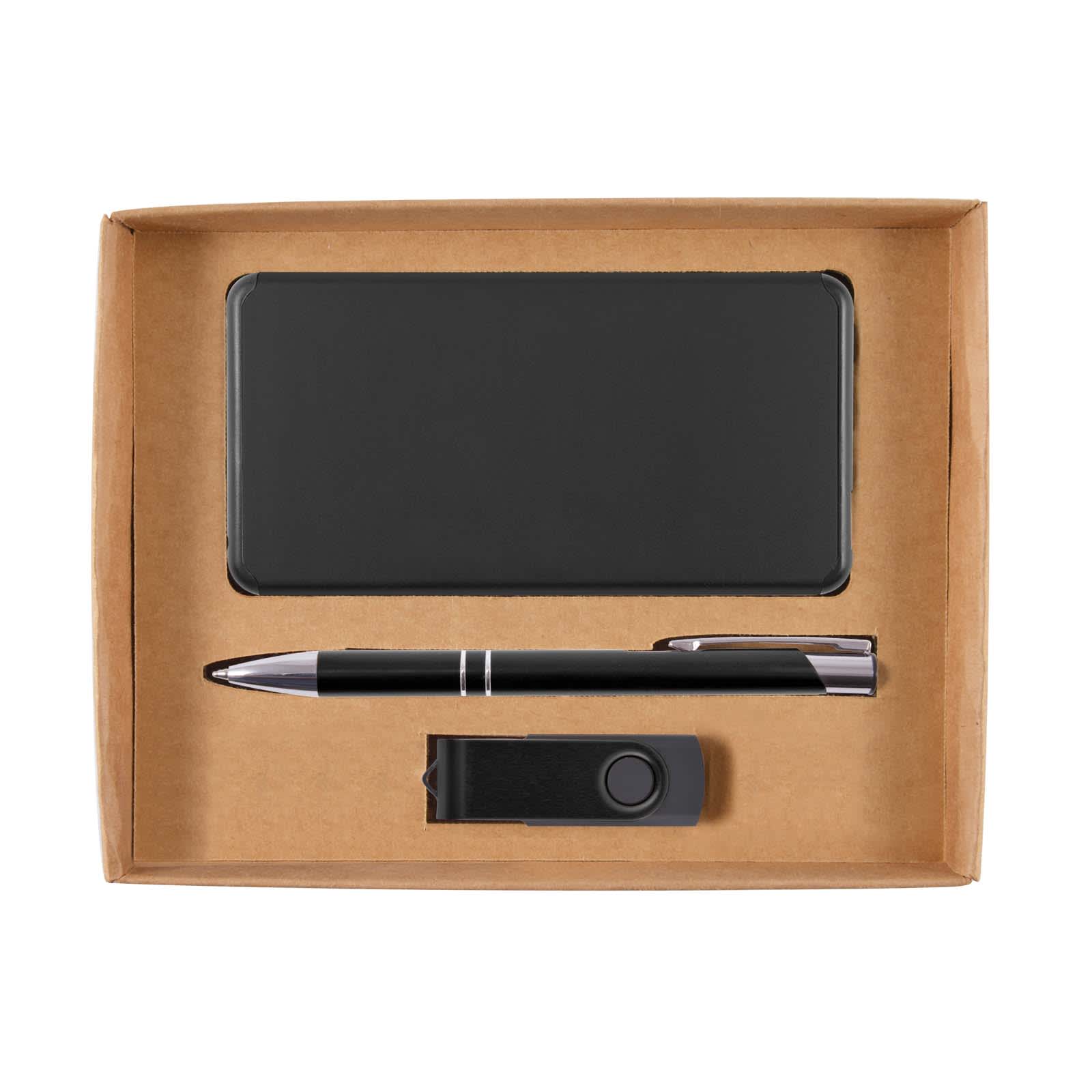 A cardboard gift set featuring a power bank, a sleek pen, and a USB flash drive, all neatly arranged in a brown box.