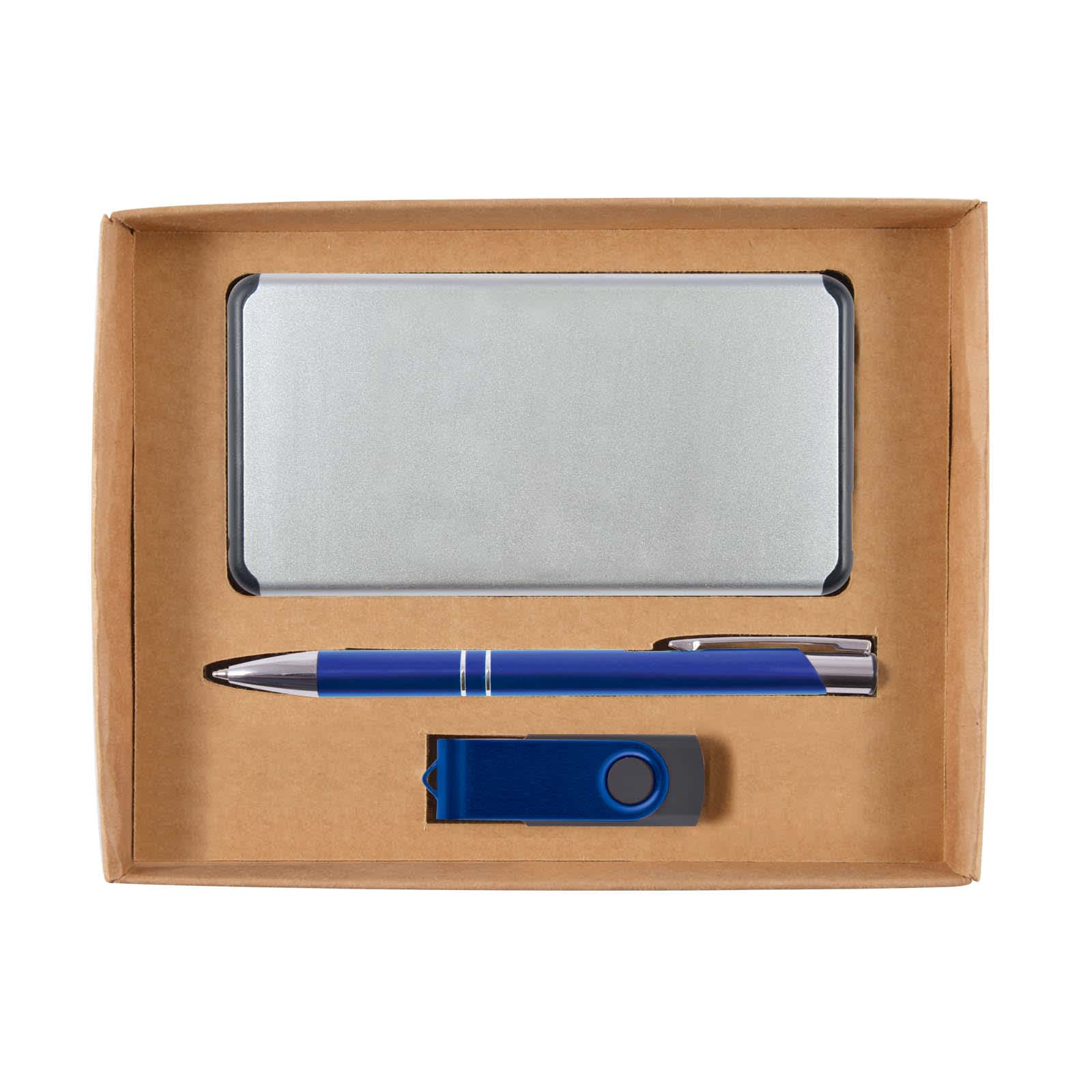 A cardboard gift set featuring a silver power bank, a blue pen, and a blue USB flash drive.