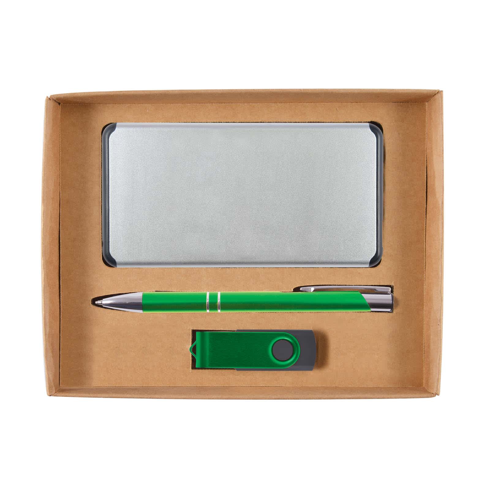 A green pen, green USB drive, and silver power bank arranged in a cardboard gift set.
