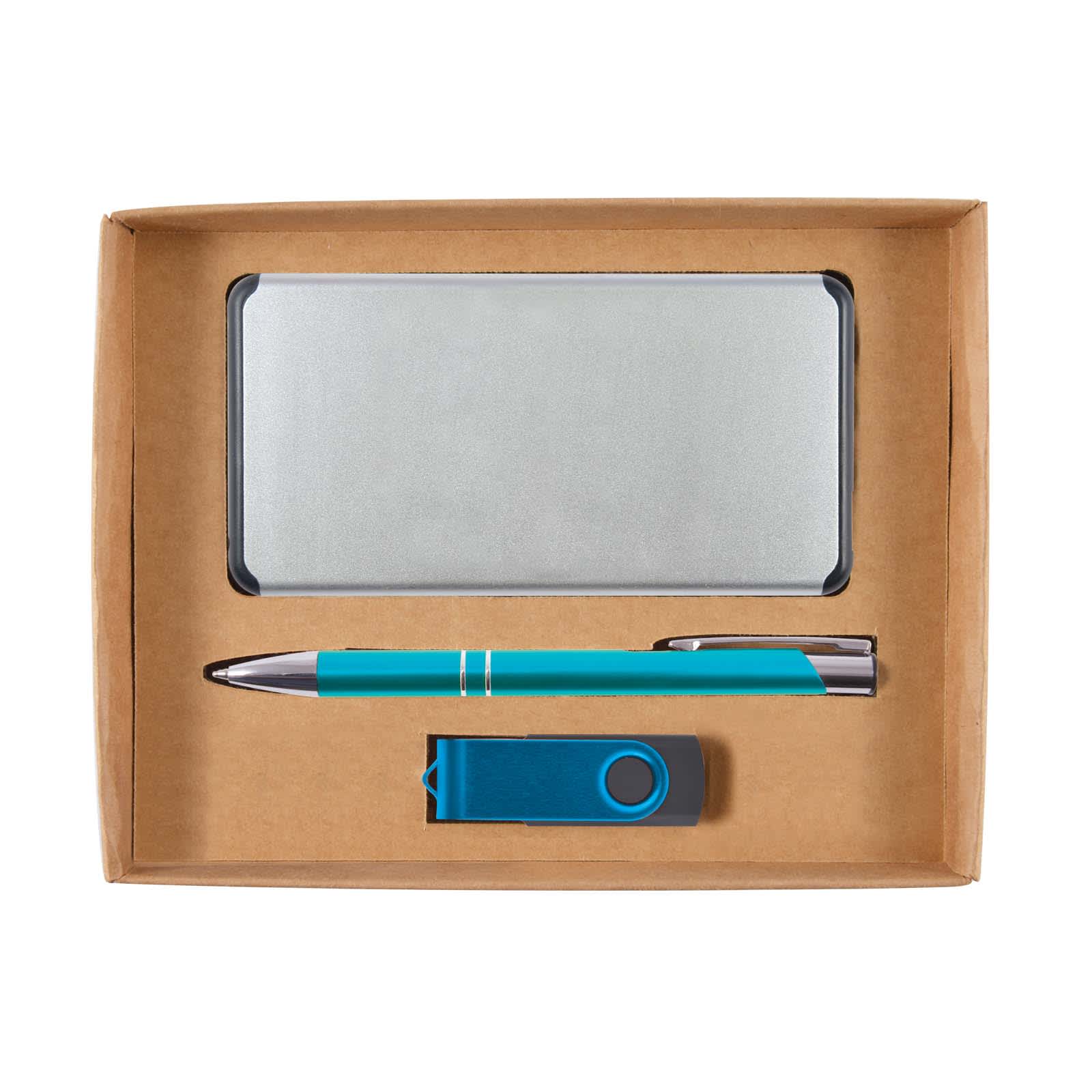 A teal pen, a blue USB drive, and a silver power bank are arranged in a cardboard gift set.