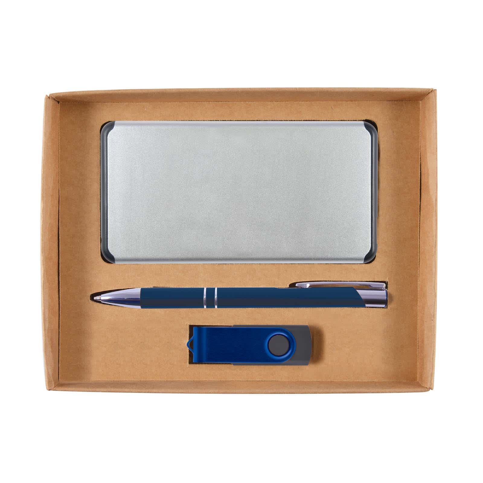 A power bank, a blue pen, and a blue USB flash drive are neatly arranged inside a cardboard gift box.