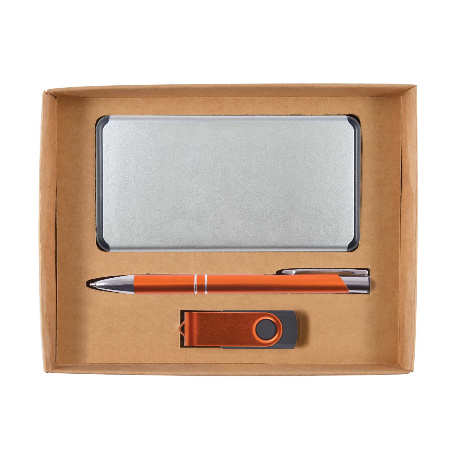 A gift set featuring a power bank, an orange pen, and an orange USB flash drive, all presented in a cardboard box.