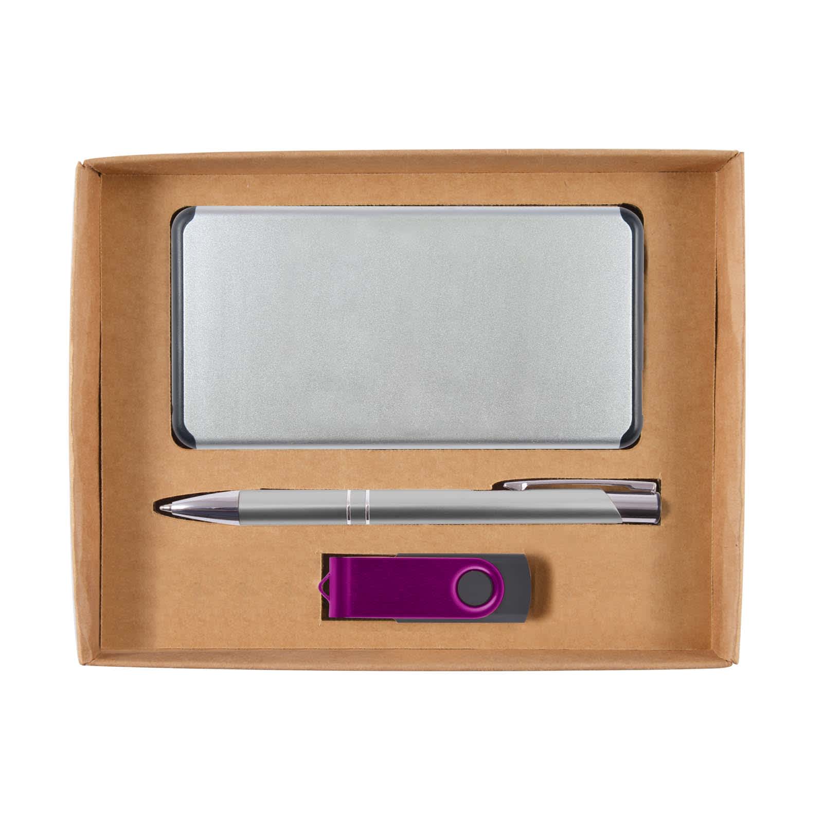 A cardboard gift set featuring a silver power bank, a silver pen, and a purple USB drive.