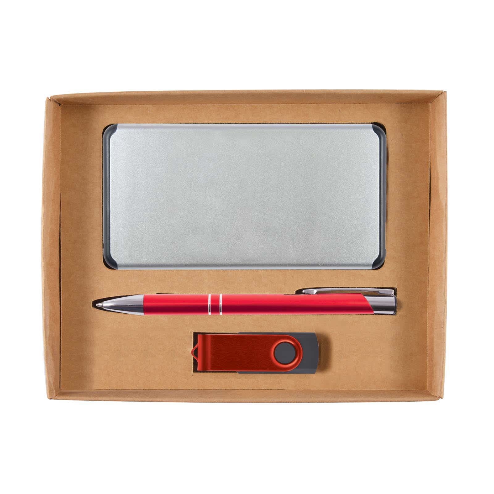 A cardboard gift set containing a power bank, a red pen, and a USB flash drive, all neatly arranged in a brown box.