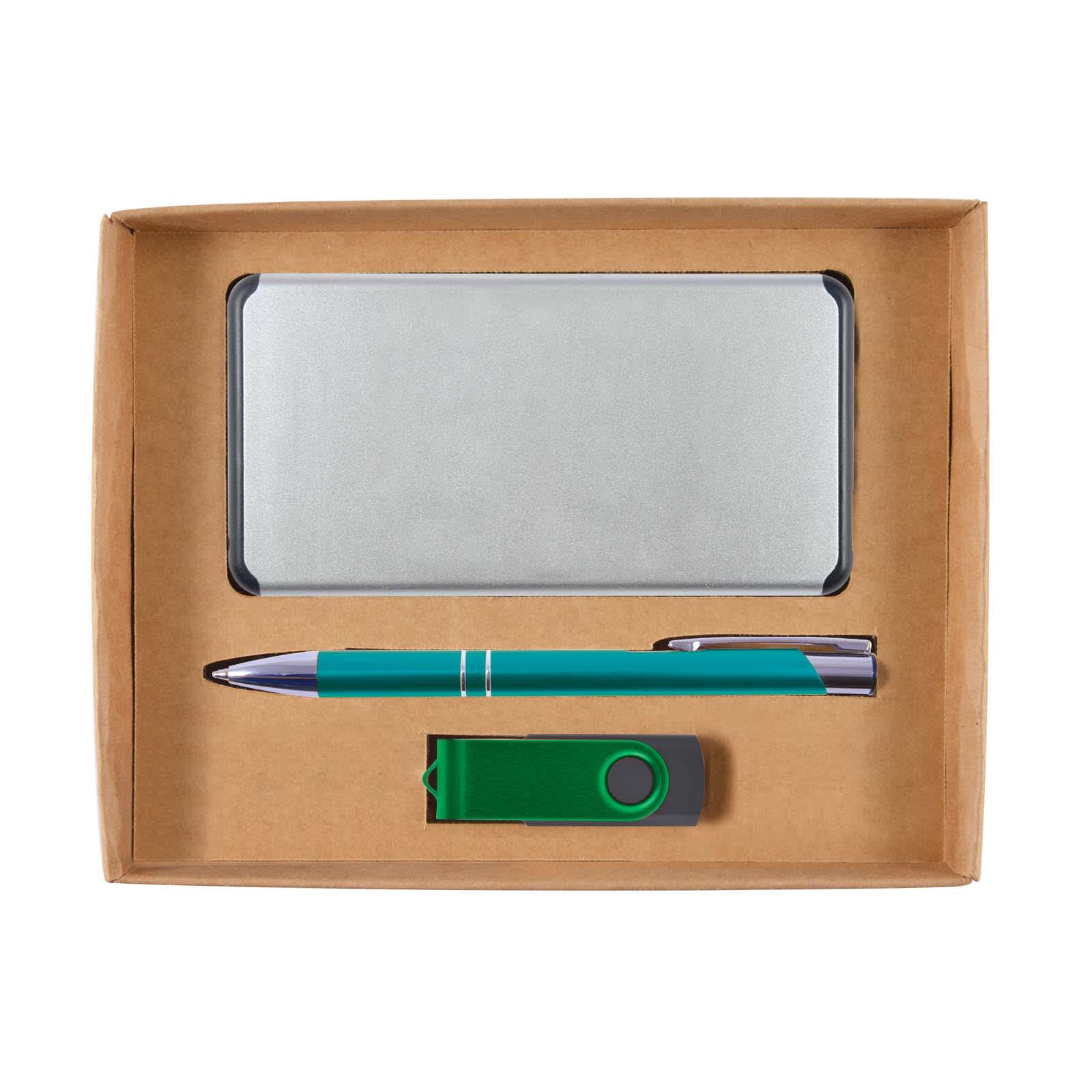 A cardboard gift set containing a sleek power bank, a green pen, and a green USB flash drive.