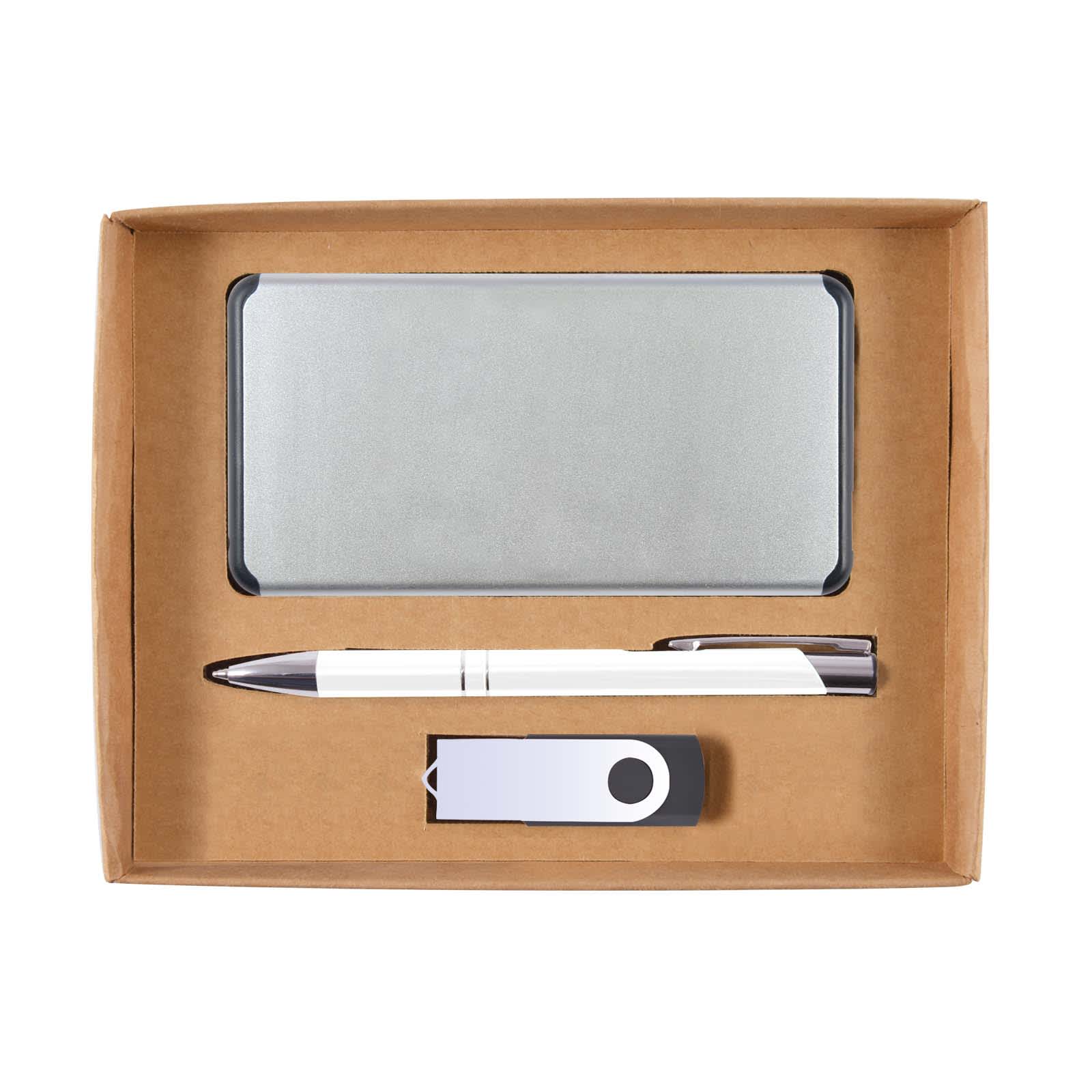 A gift set featuring a power bank, a sleek pen, and a USB drive, all neatly arranged in a cardboard box.