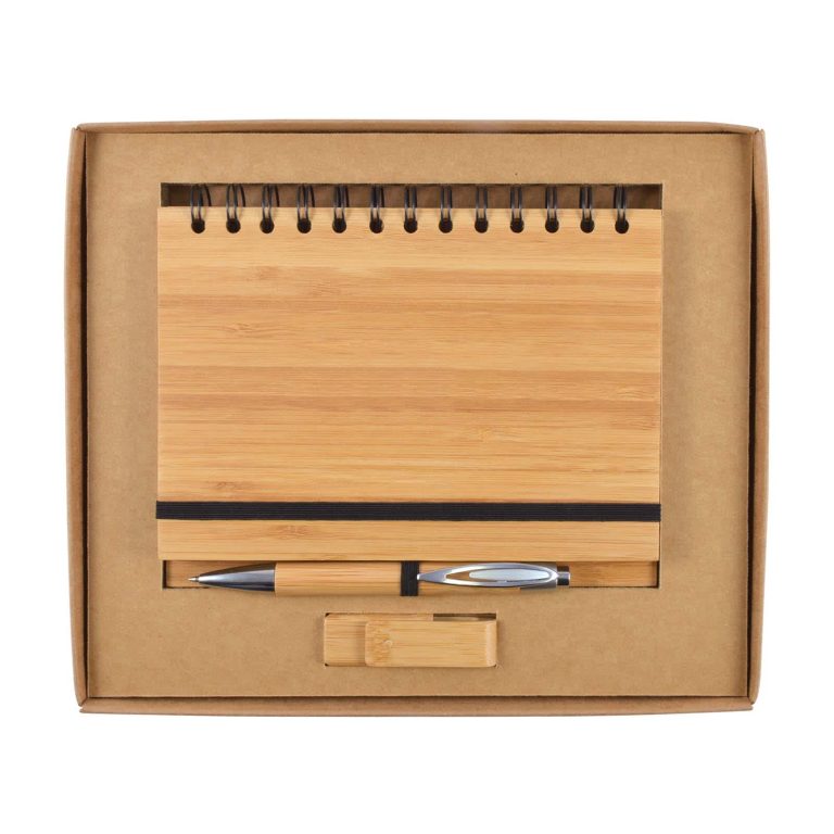 A bamboo notebook, pen, and pencil set in a brown cardboard gift box. Features a spiral binding and a minimalist design.