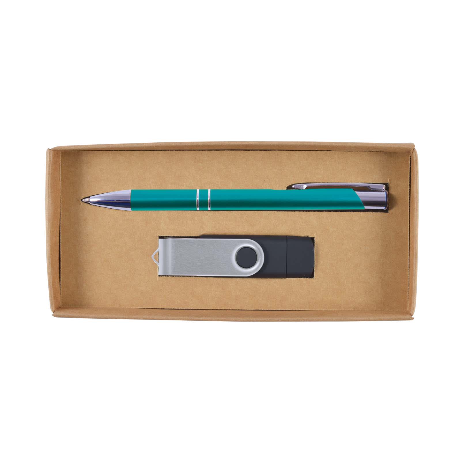 A cardboard gift set containing a pen and a USB flash drive, all housed in a simple brown gift box.