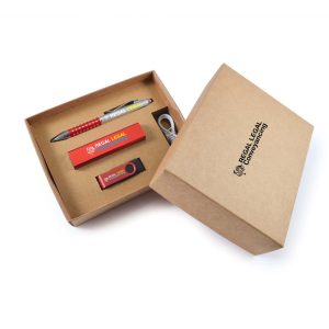 A cardboard gift box containing a pen, USB drive, and charging cables, featuring a logo, in neutral colors.