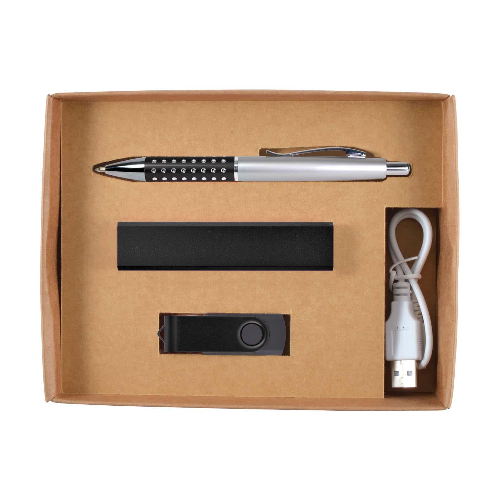 A gift set containing a pen, a power bank, a USB charging cable, and a flash drive, all presented in a cardboard box.