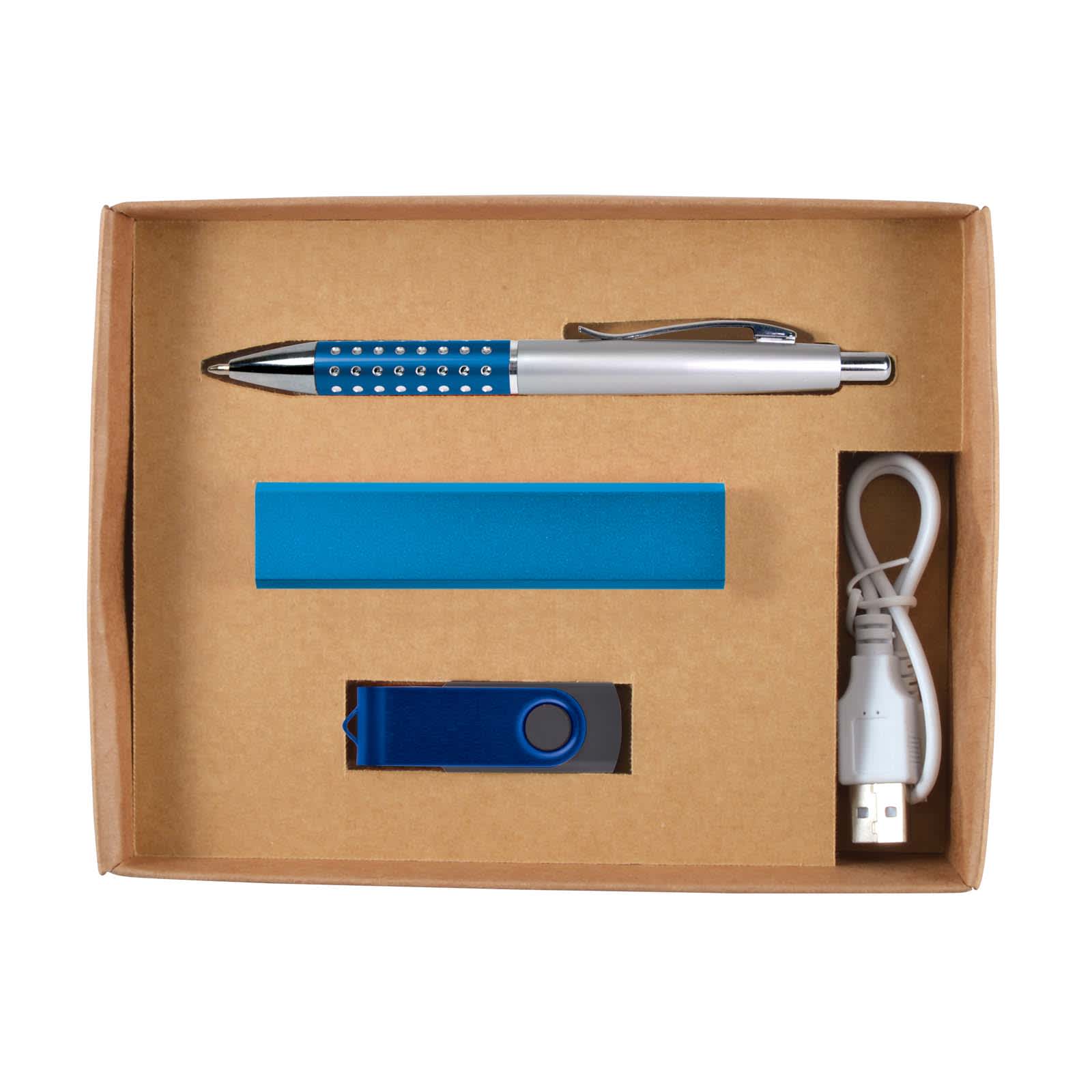 A cardboard gift set featuring a silver pen, blue USB drive, blue rectangular block, and a USB cable.