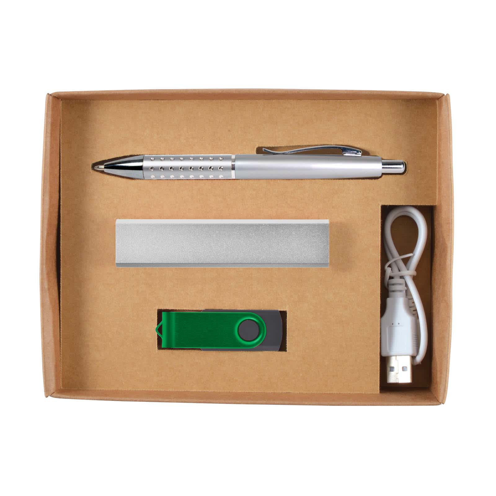 A cardboard gift set containing a sleek pen, a power bank, a USB flash drive, and a USB charging cable.