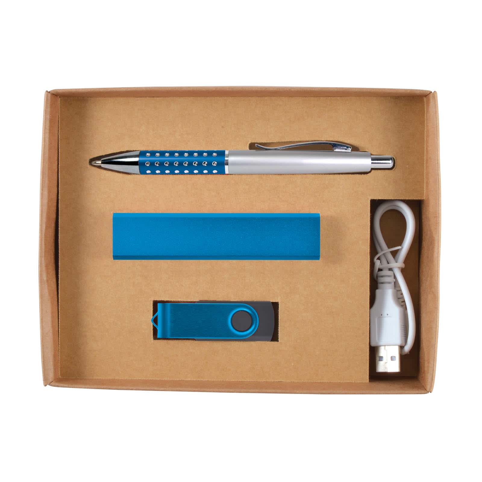 A gift set featuring a silver pen with blue accents, a blue USB flash drive, and a USB cable, all in a cardboard box.