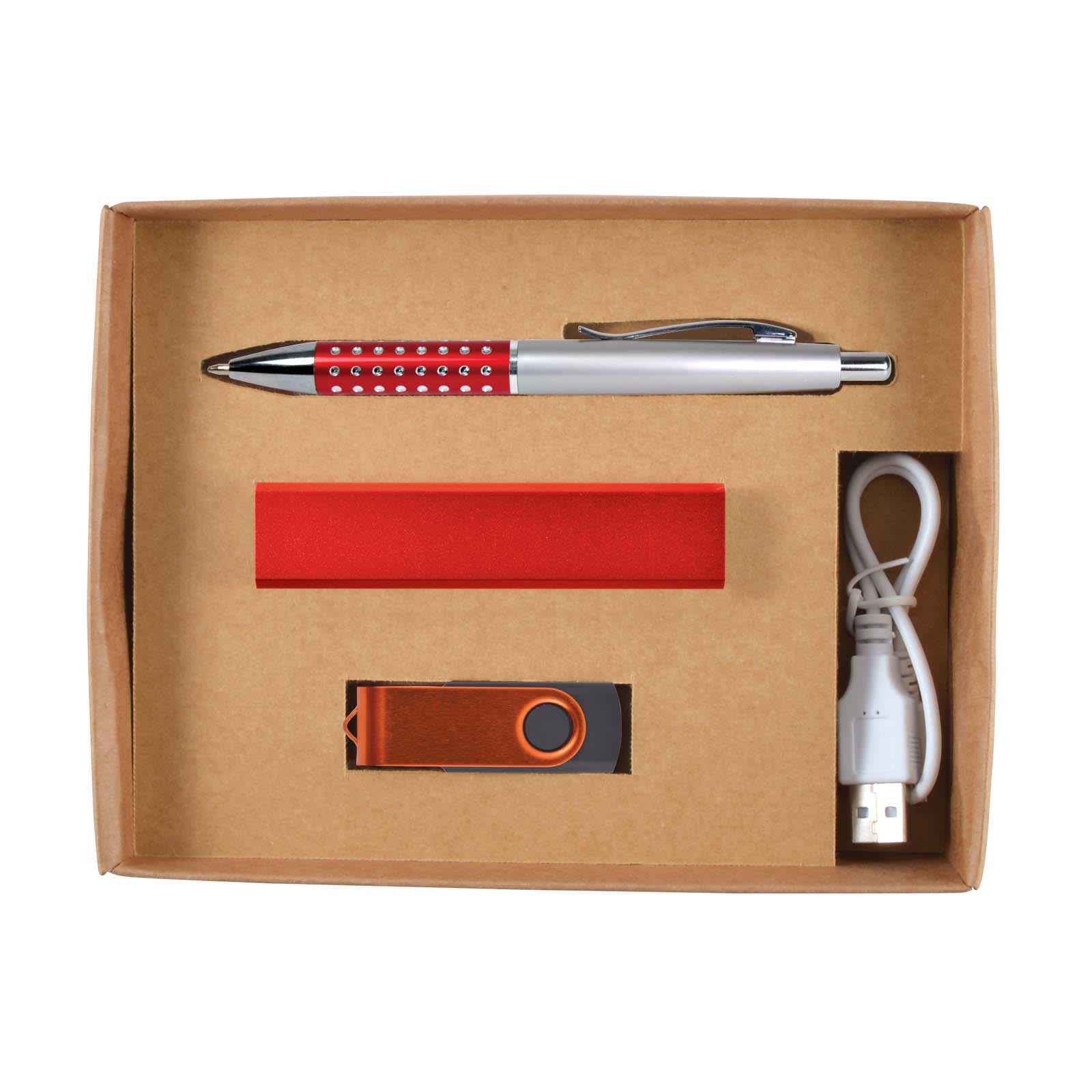 A gift set containing a silver pen with red accents, a red power bank, a USB drive, and a charging cable in a brown box.