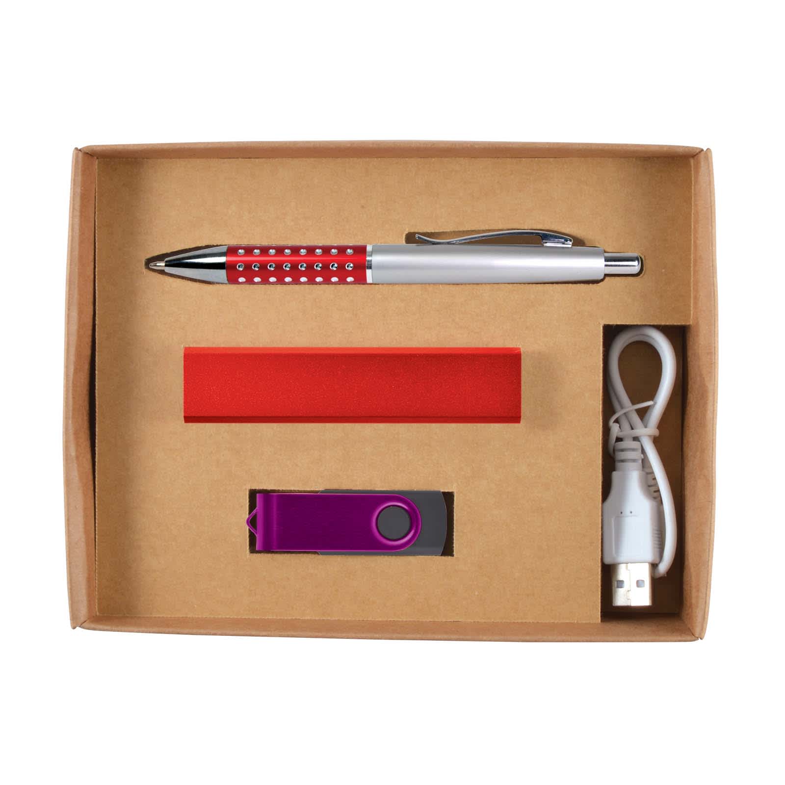 A gift set featuring a silver pen with red accents, a red power bank, a purple USB drive, and a white charging cable.