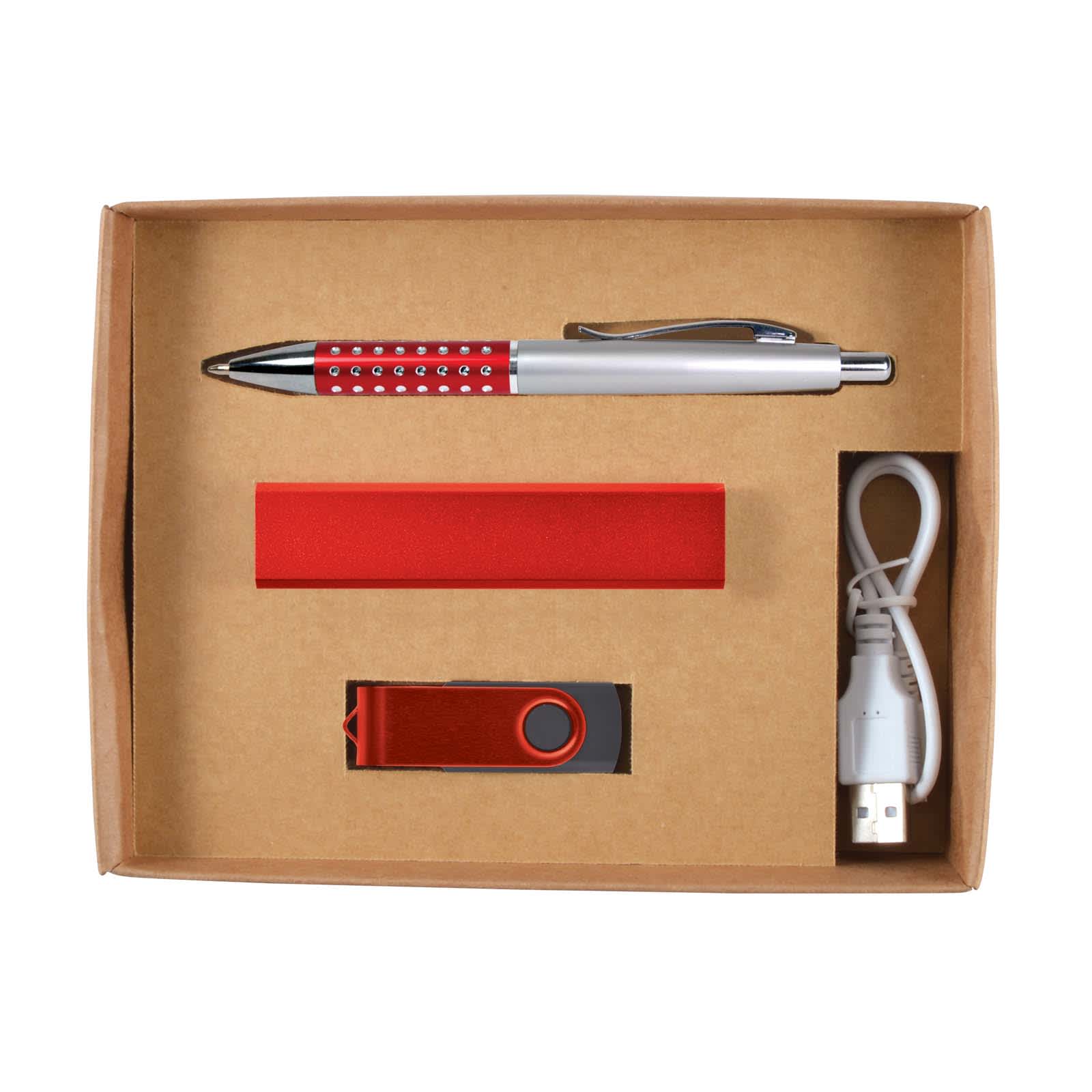 A cardstock gift box containing a silver pen with red accents, a red USB flash drive, a red power bank, and a charging cable.