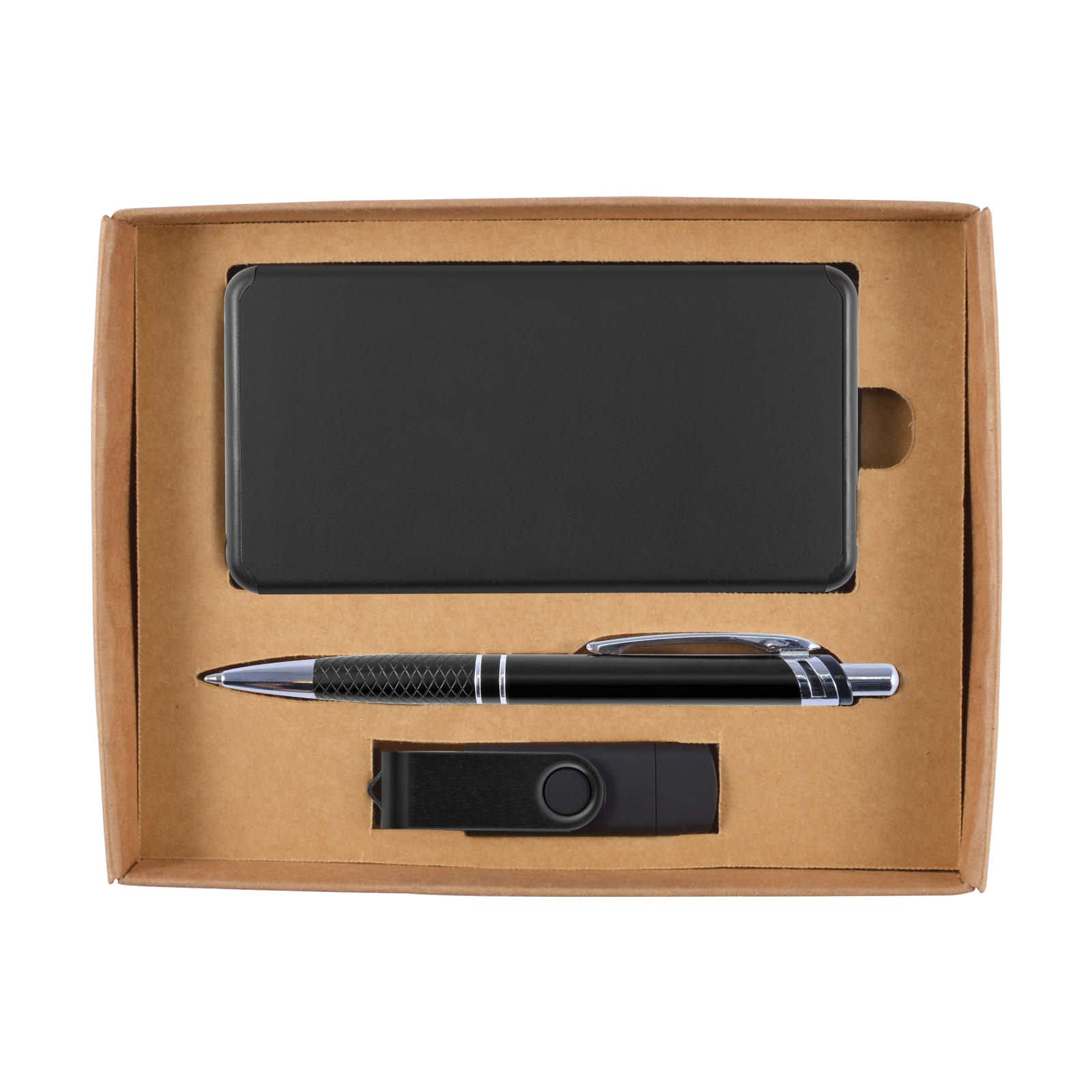 A cardboard gift set containing a power bank, a sleek pen, and a USB flash drive, all neatly packaged.