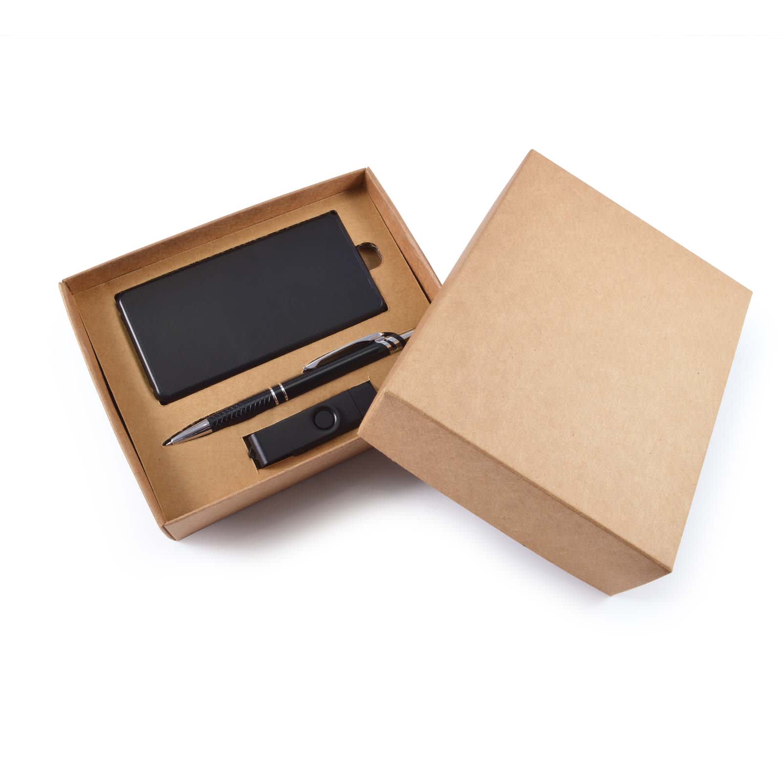 A cardboard gift set featuring a black power bank, a pen, and a USB drive, packaged in a brown box.