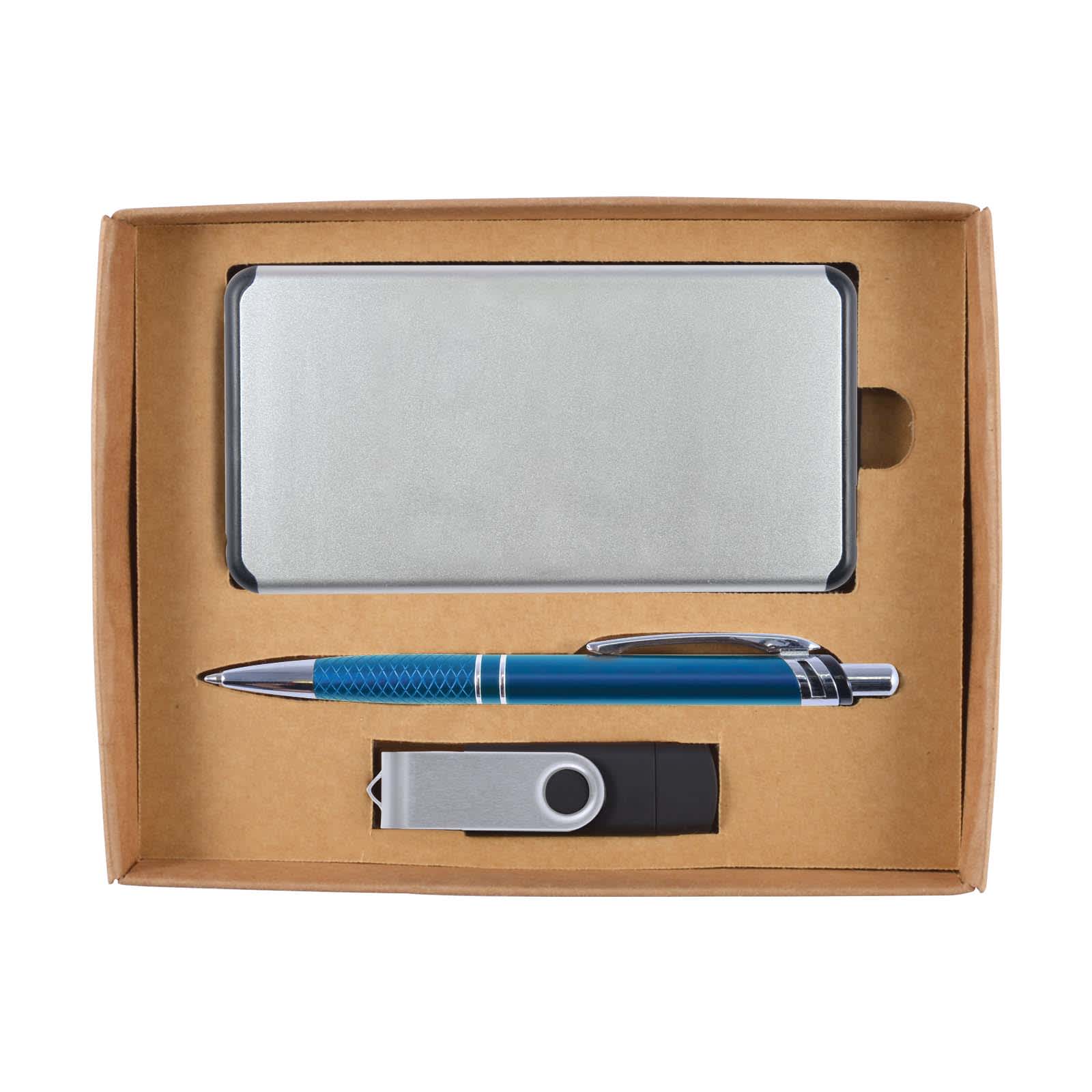 A cardboard gift set containing a silver power bank, a blue pen, and a USB flash drive. The set is housed in a brown box.