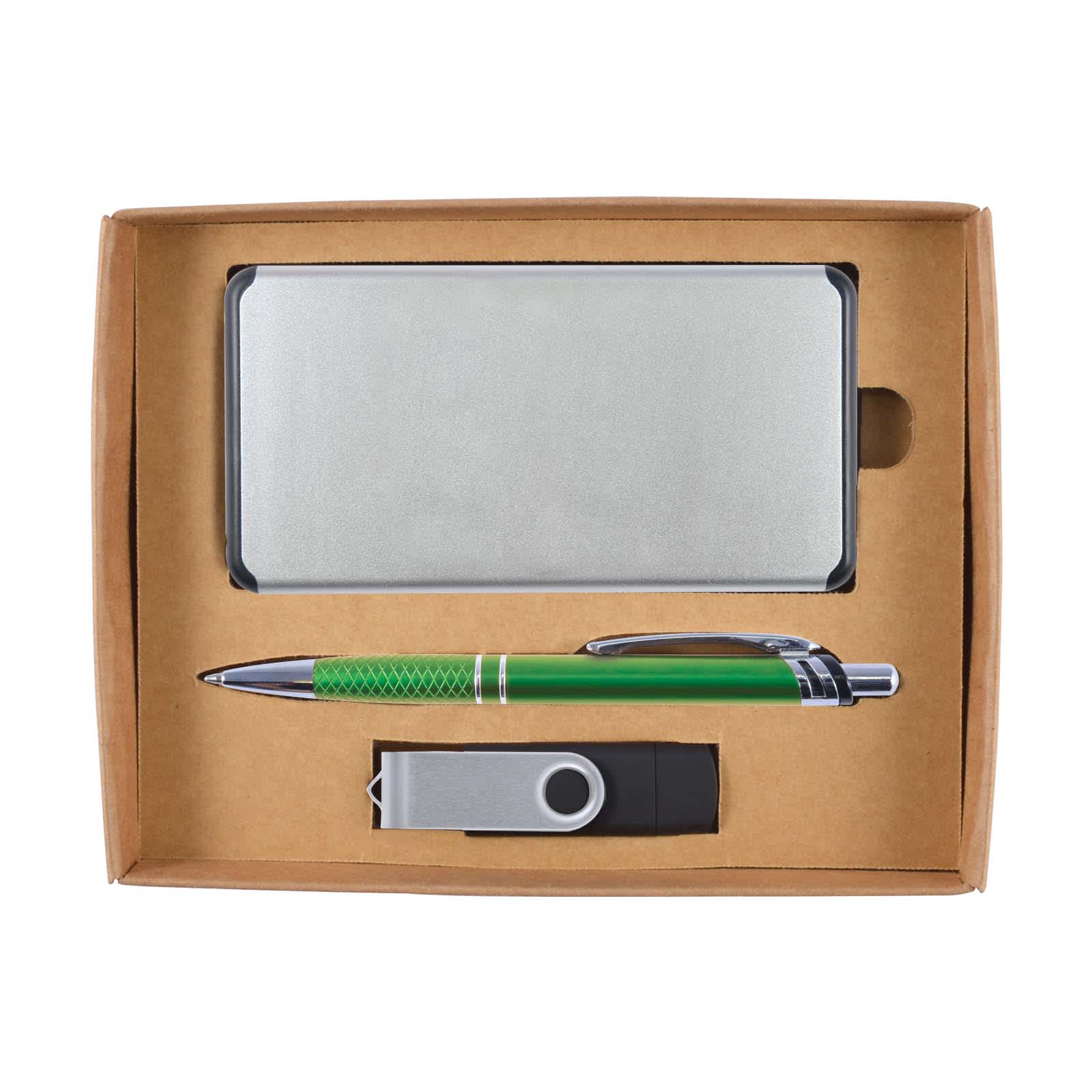 A cardboard gift set featuring a power bank, a green pen, and a USB flash drive, all neatly arranged in a brown box.