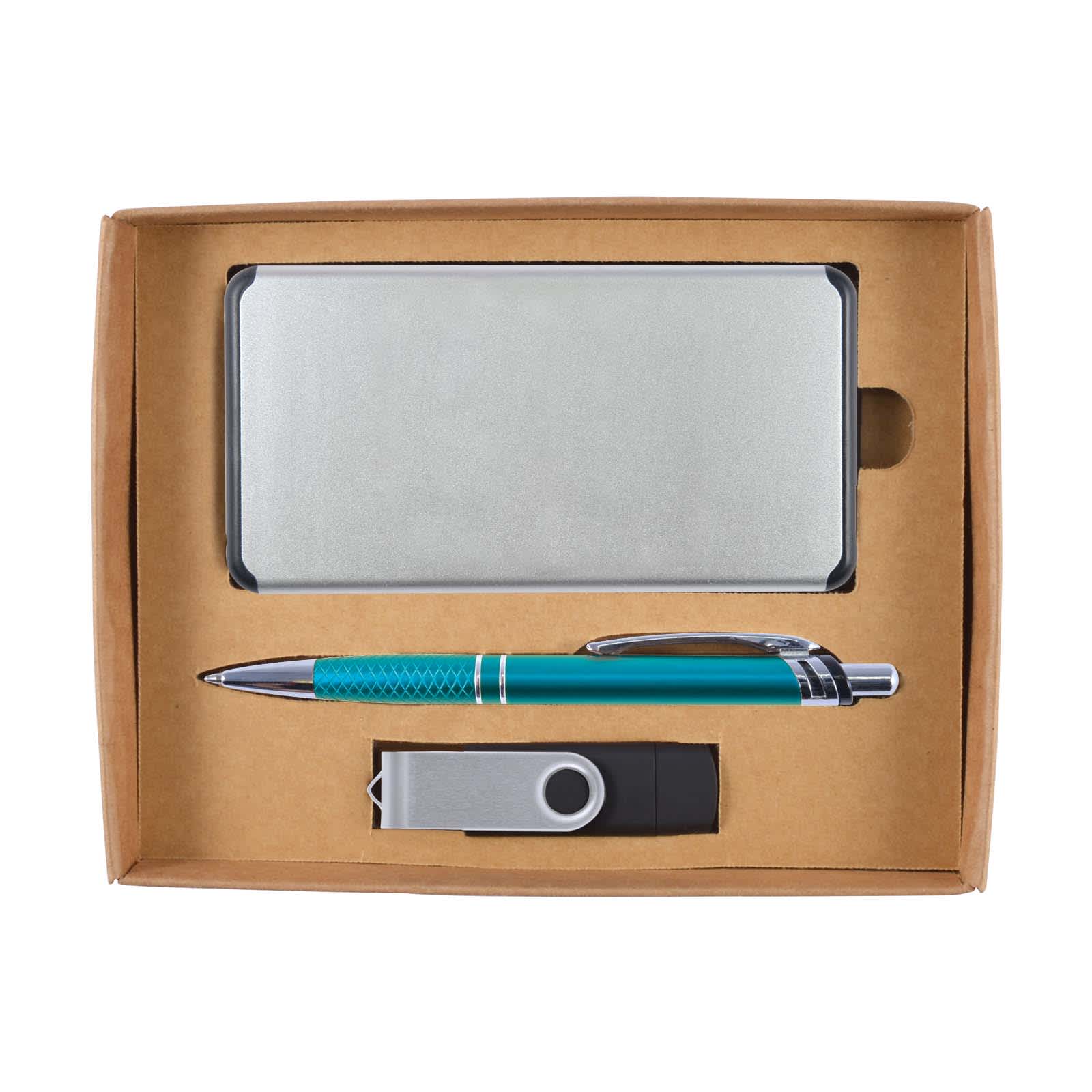 A cardboard gift set containing a silver power bank, teal pen, and silver USB flash drive.
