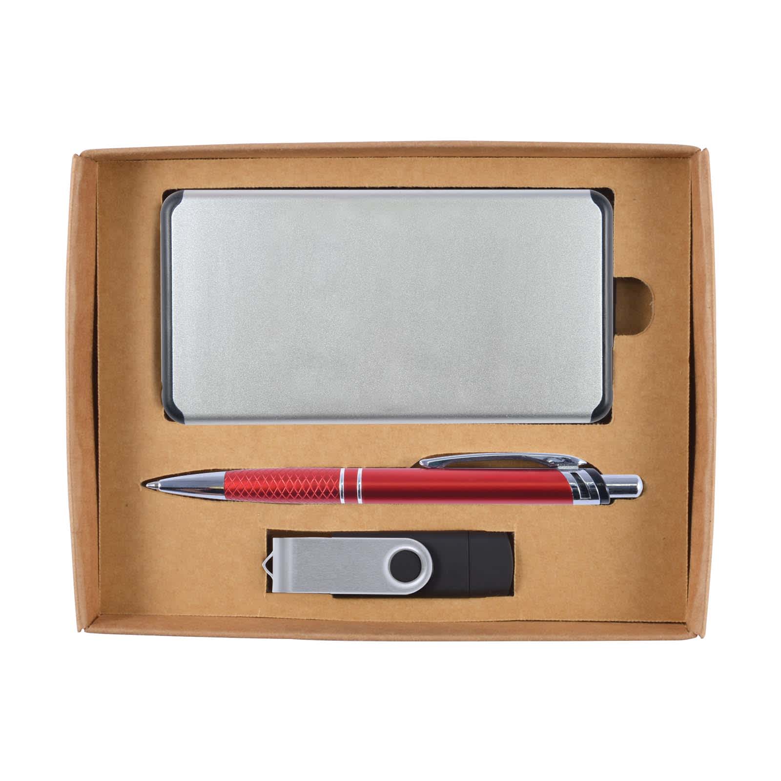 A cardboard gift set containing a power bank, a red pen, and a USB flash drive, all arranged neatly in a brown box.