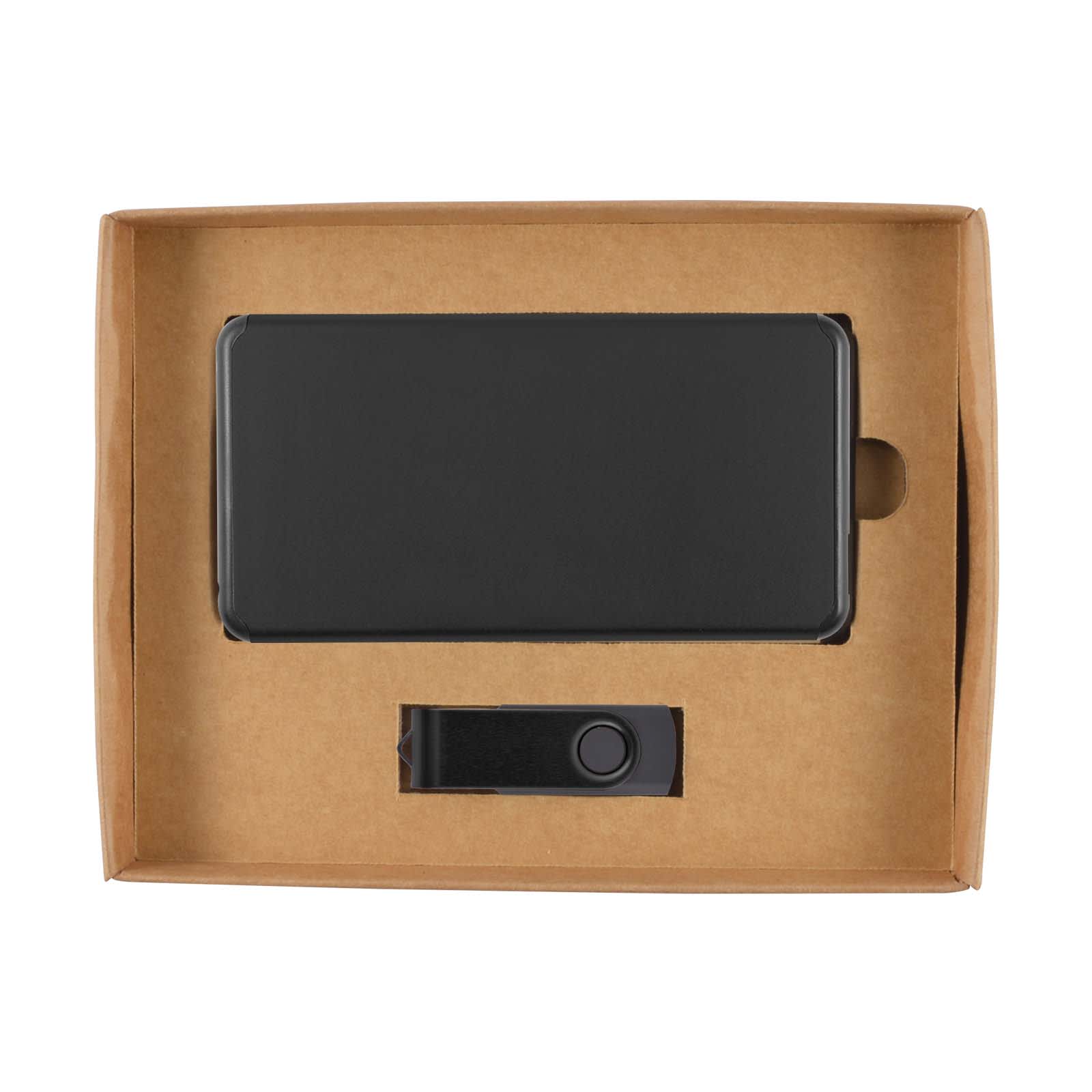A black power bank with a button, presented in a brown cardboard gift box. The box is open, showcasing the product inside.