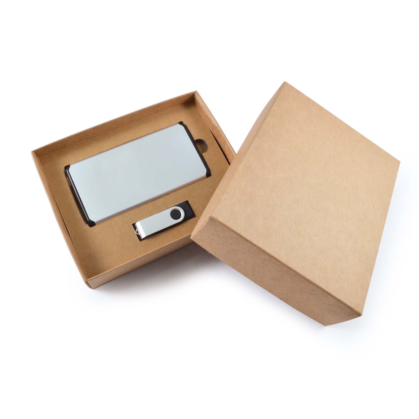 A cardboard gift set featuring a sleek powerbank and a USB flash drive neatly arranged inside a brown box.
