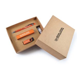 A cardboard gift box in brown, featuring an orange pen, USB drive, and a small item, all with branding.