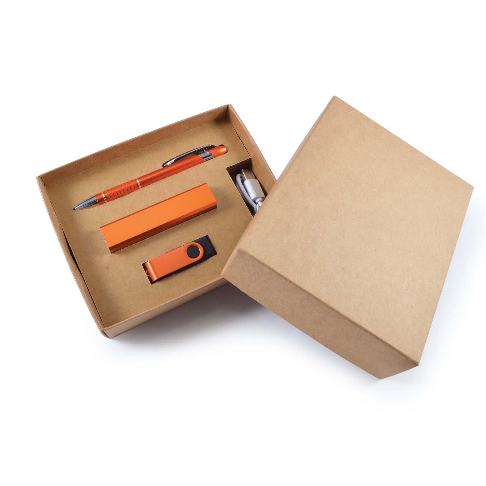 A cardboard gift box in brown featuring an orange pen, USB drive, and power bank inside.