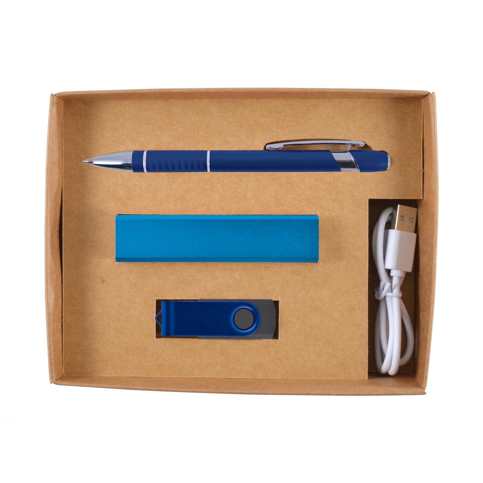 A cardboard gift box containing a blue pen, a blue power bank, a blue USB flash drive, and a white USB charging cable.