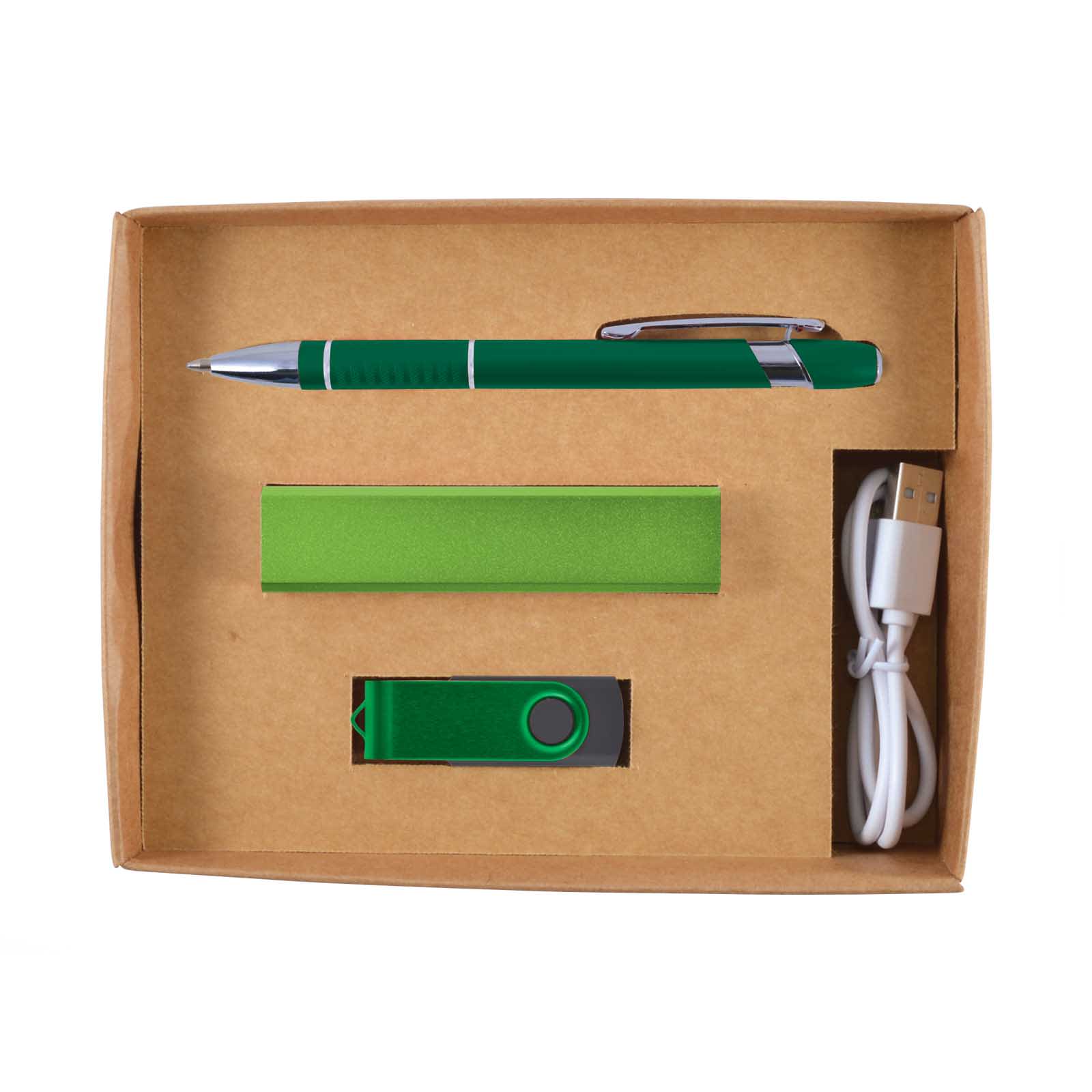 A cardboard gift box containing a green pen, a green power bank, a green USB flash drive, and a charging cable.