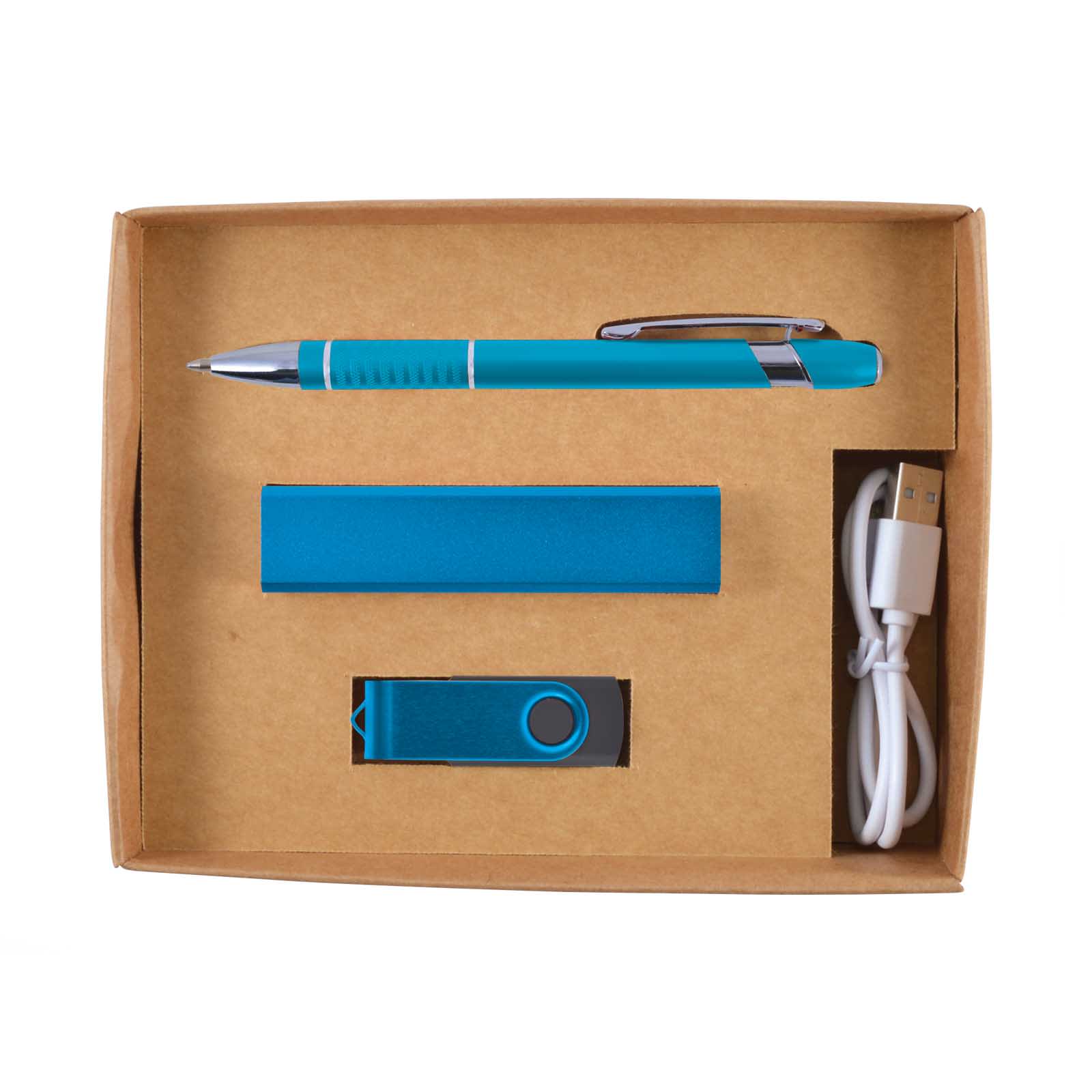 A cardboard gift box containing a blue pen, a blue power bank, a blue USB flash drive, and a white charging cable.