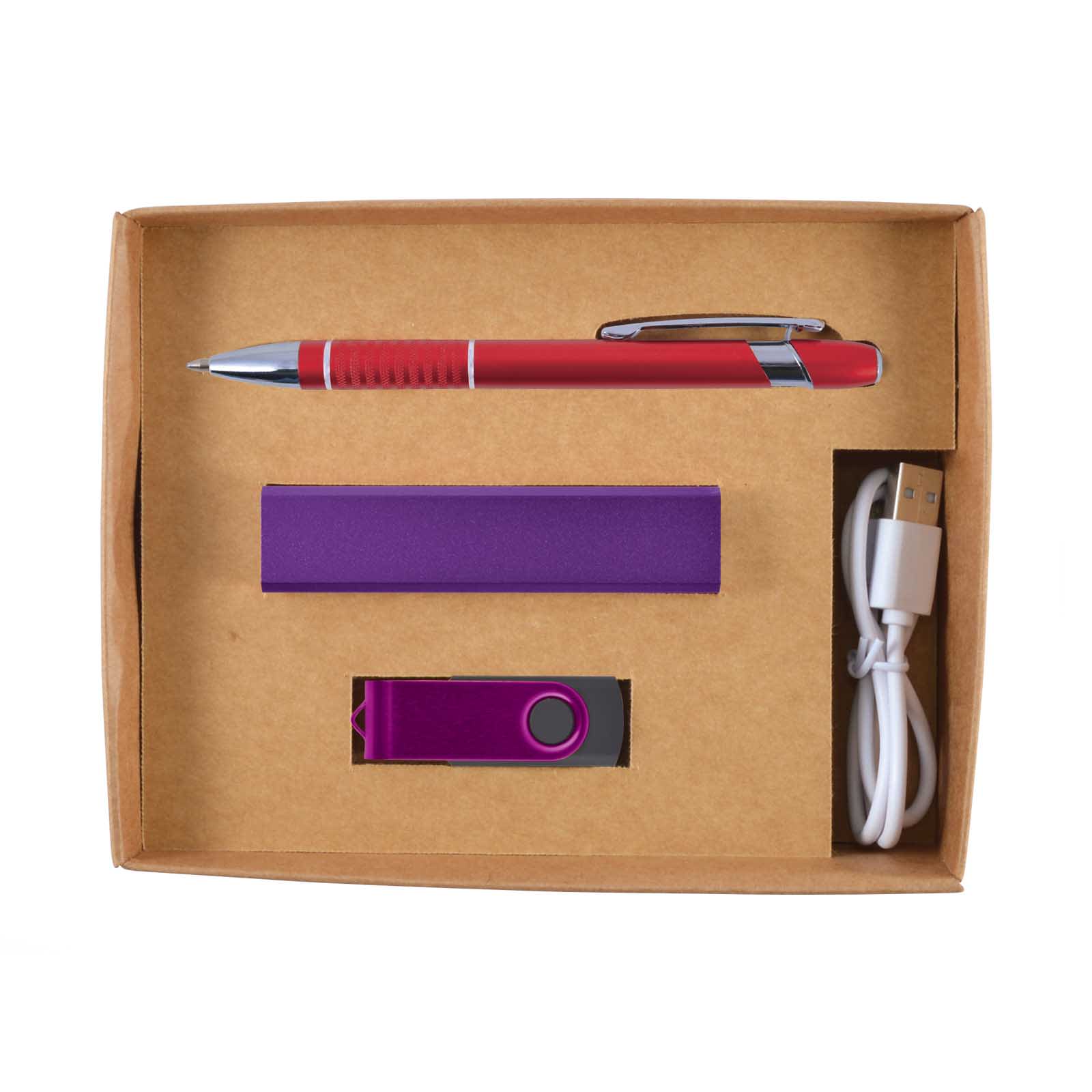 A cardboard gift box containing a red pen, a purple power bank, a purple USB flash drive, and a USB charging cable.