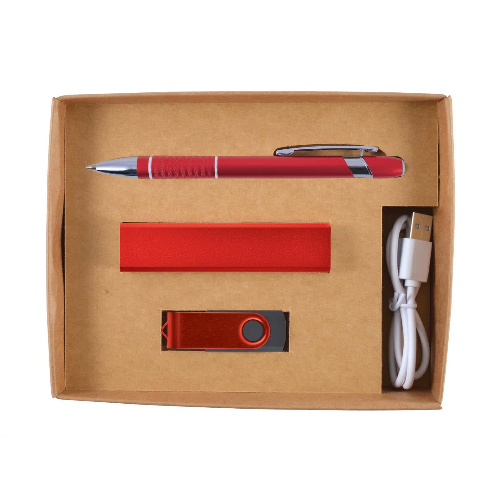 A red pen, red USB drive, and a charging cable arranged in a cardboard gift box. The box has a logo.