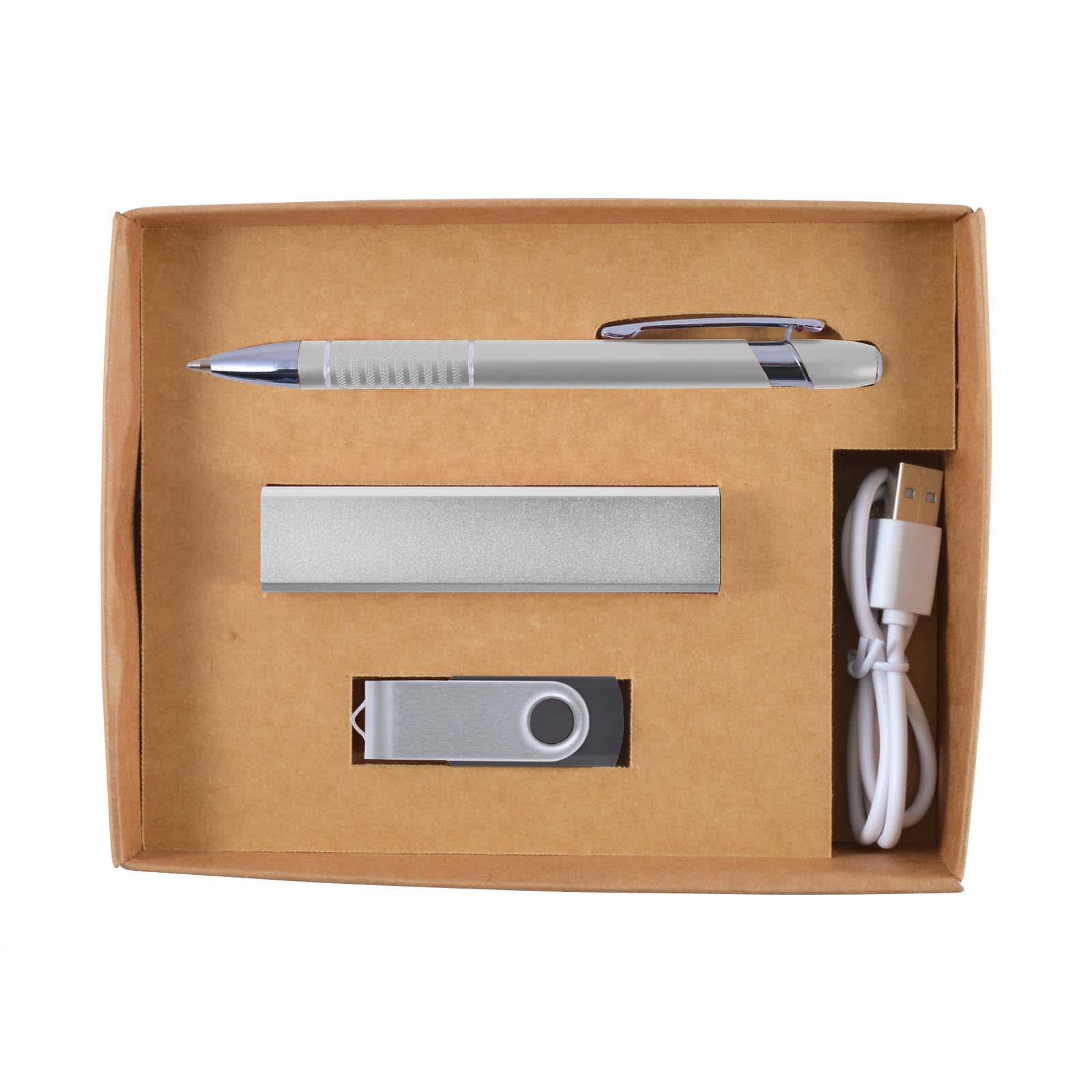 A Sass Cardboard Gift Box containing a silver pen, a USB flash drive, and a power bank with a charging cable.