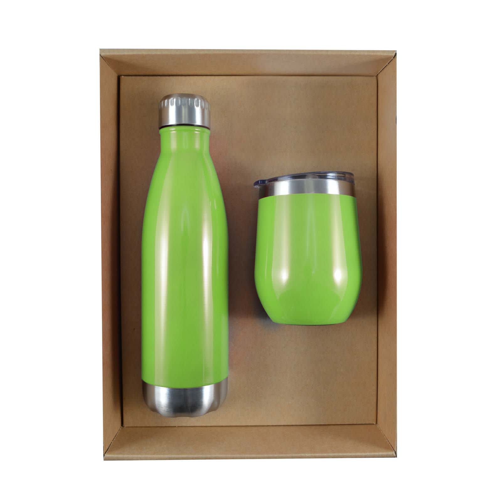 A green drink bottle and matching cup are arranged in a cardboard gift box. The bottle has a stainless steel bottom.