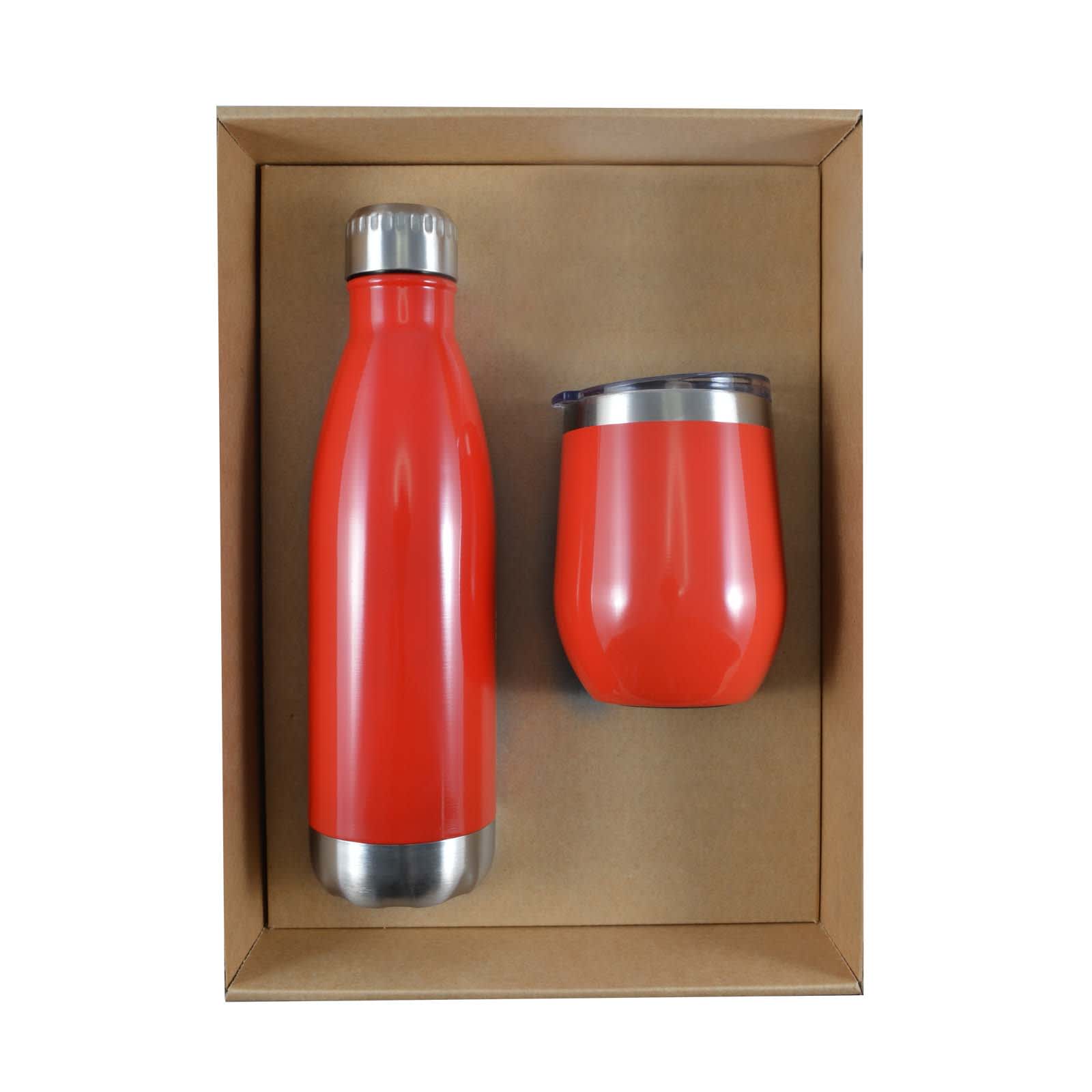 A drink bottle and a drinking cup in a vibrant red color, presented in a cardboard gift box.
