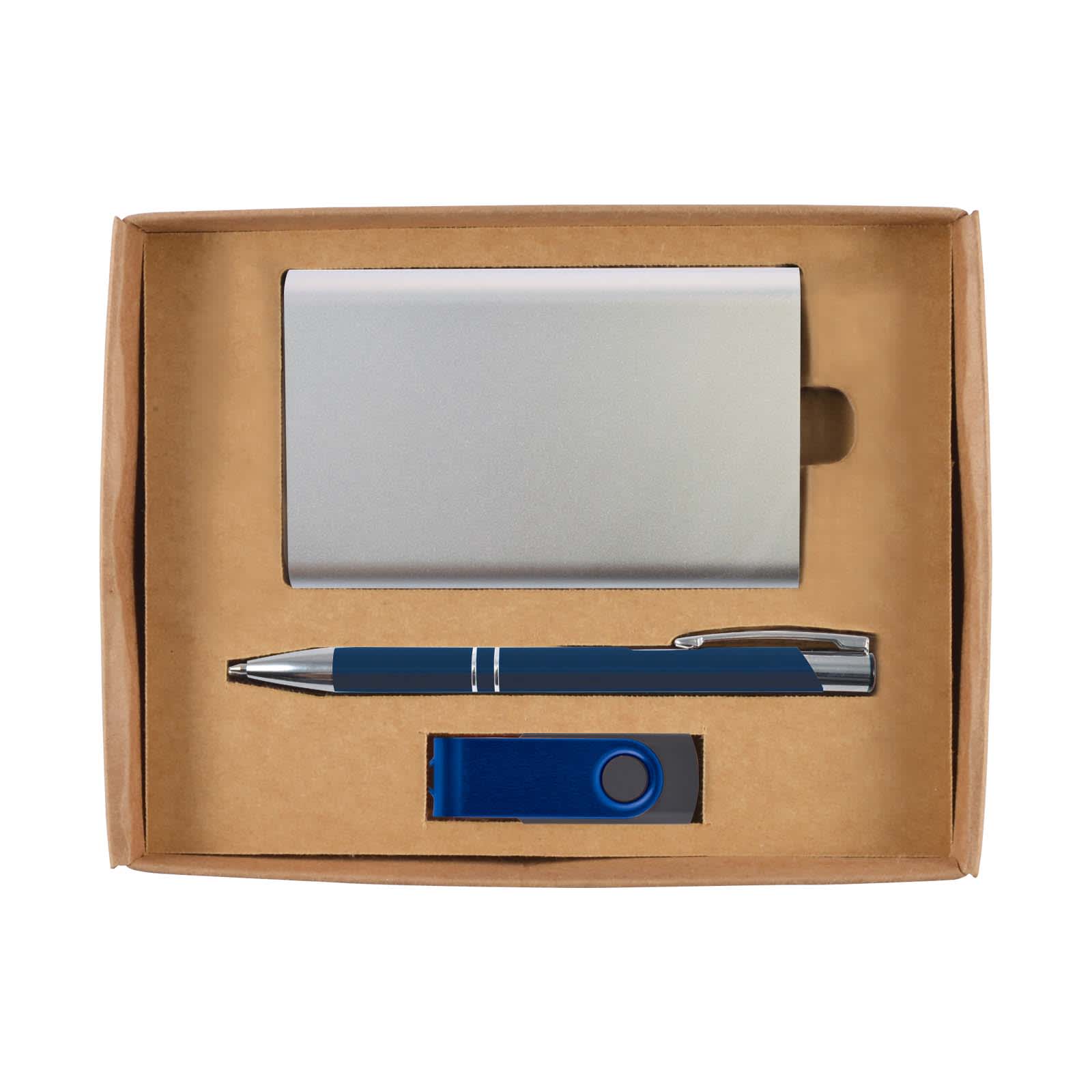 A gift set containing a sleek silver cardholder, a blue pen, and a blue USB drive, all presented in a cardboard box.