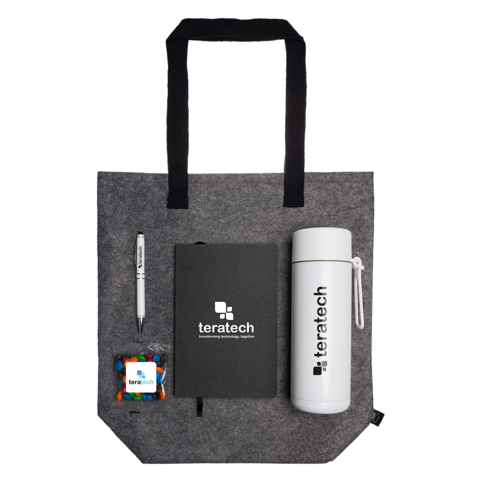 A tote bag in gray felt contains a branded drink bottle, a notebook, a pen, and a small bag of colorful candies.