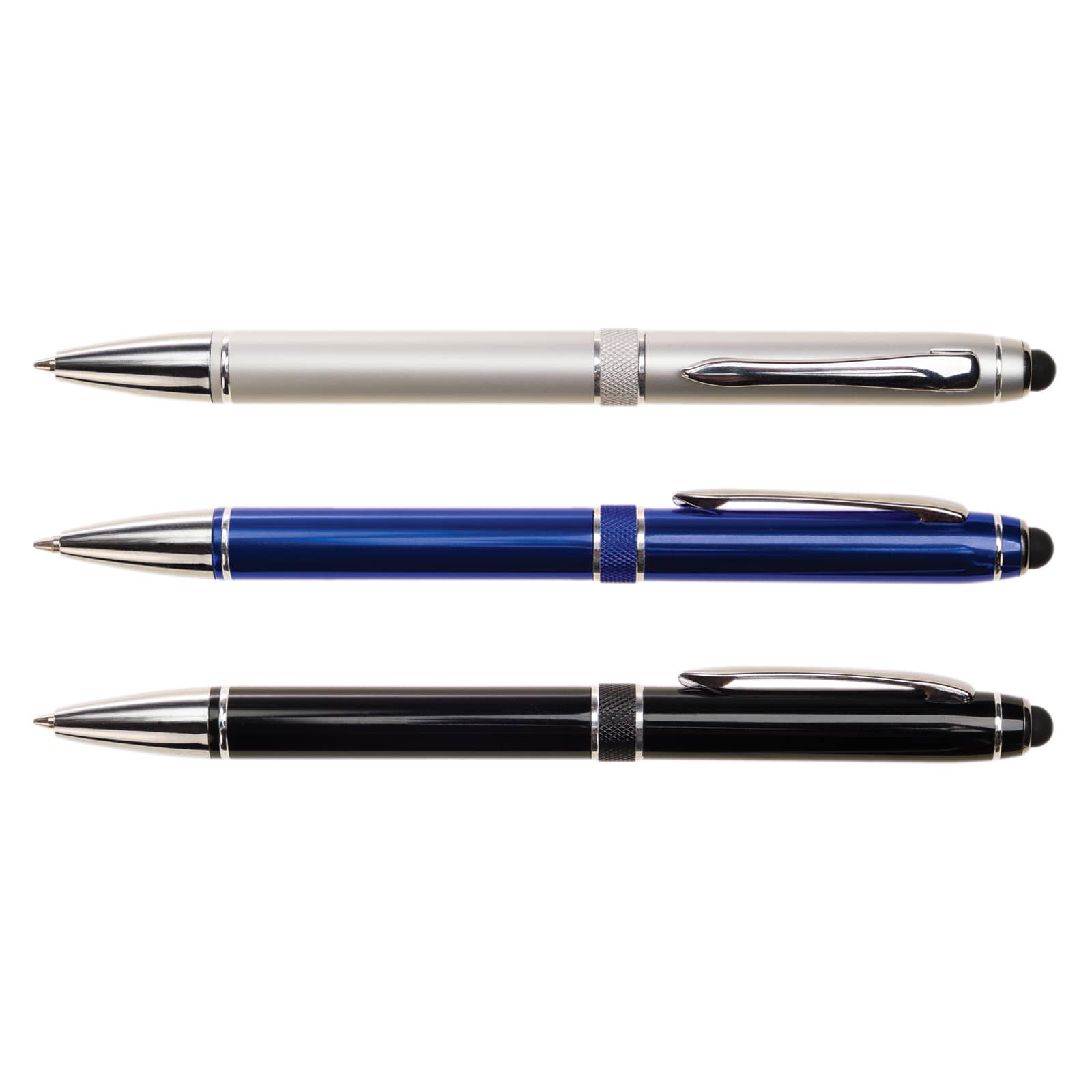 Three pens in white, blue, and black, each featuring a sleek design and metallic accents, with a brand logo visible.
