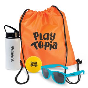 A vibrant orange drawstring bag contains a white drink bottle, blue sunglasses, and a yellow ball, all with branding.
