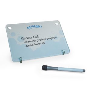 A whiteboard desk sign in light blue with a black marker, featuring a to-do list in black writing.
